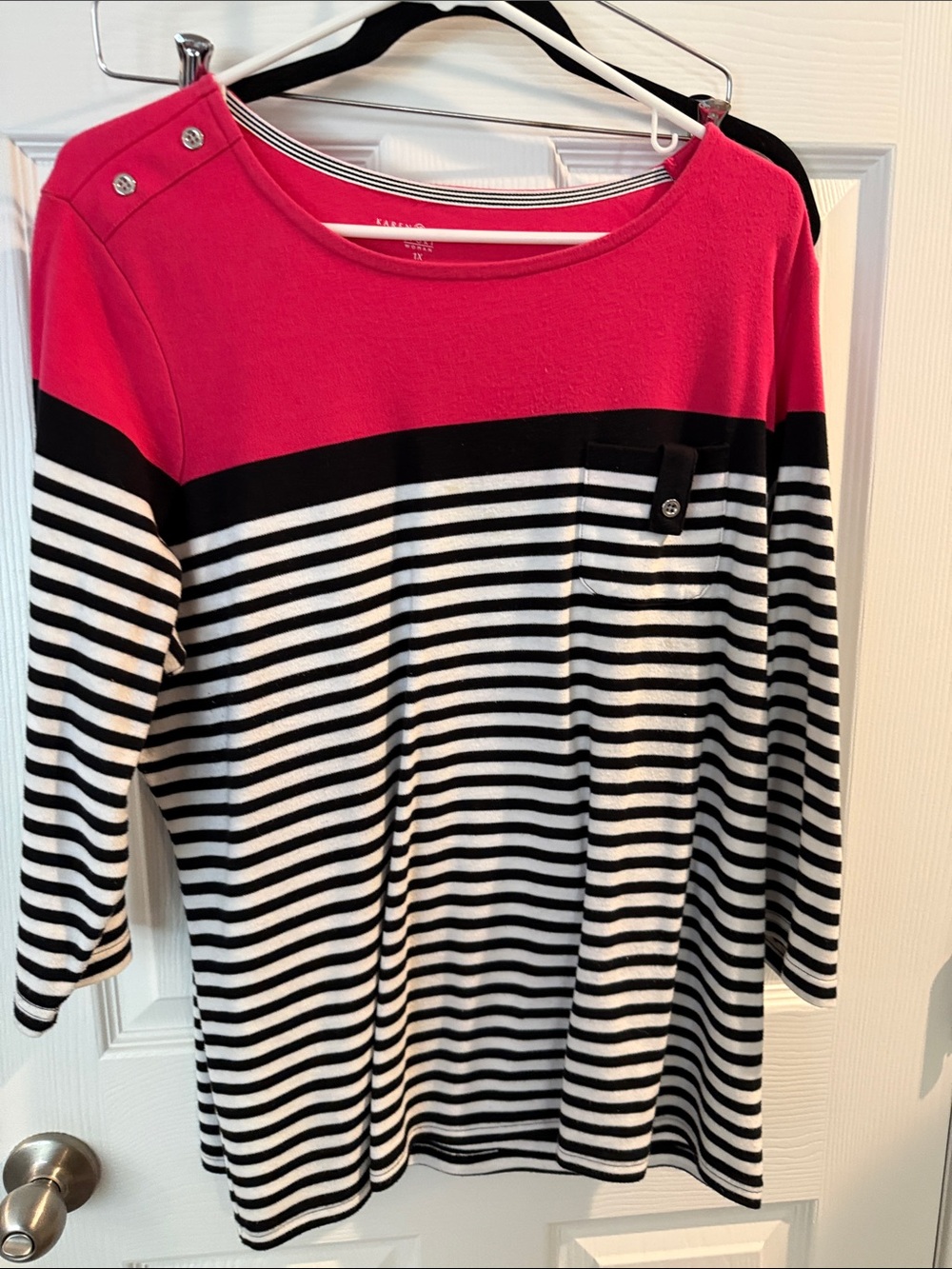 Karen Scott Pink and Black Striped Boatneck Top